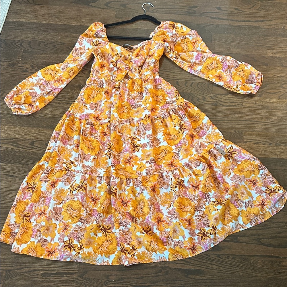Elegant Floral Midi Dress in Orange and White
